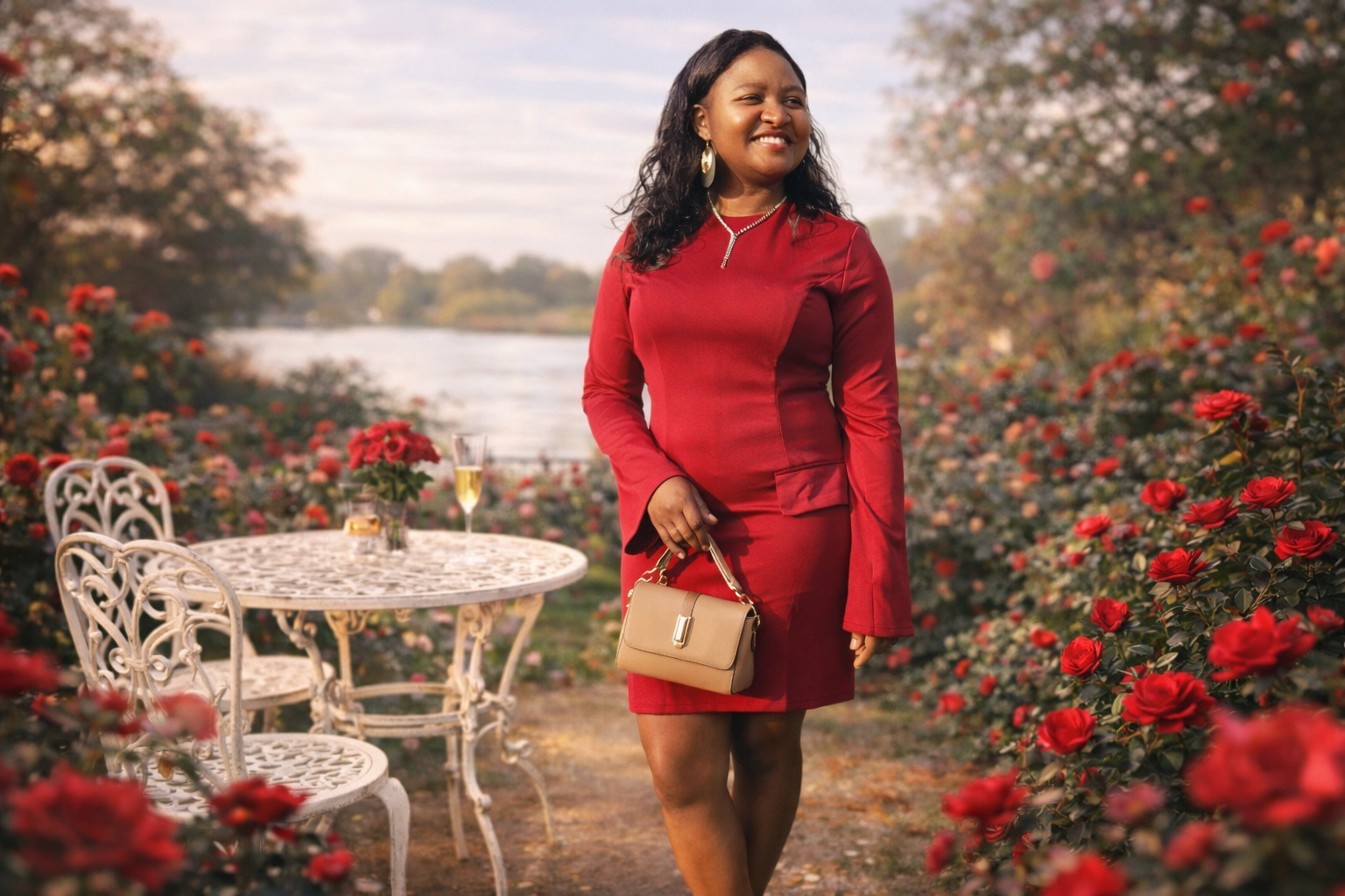 Ethel in a floral skirt with sunshine