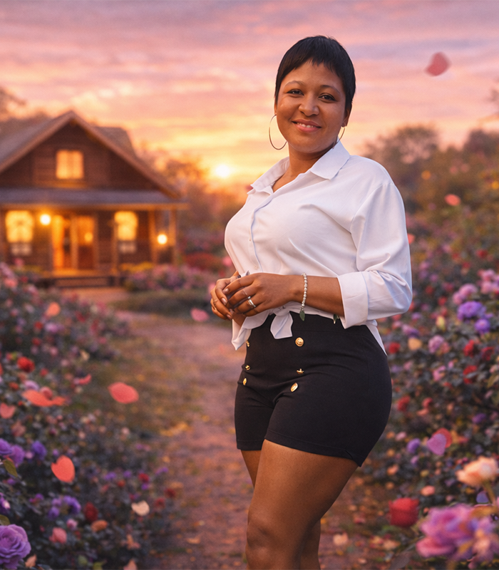 Ethel in a denim dress